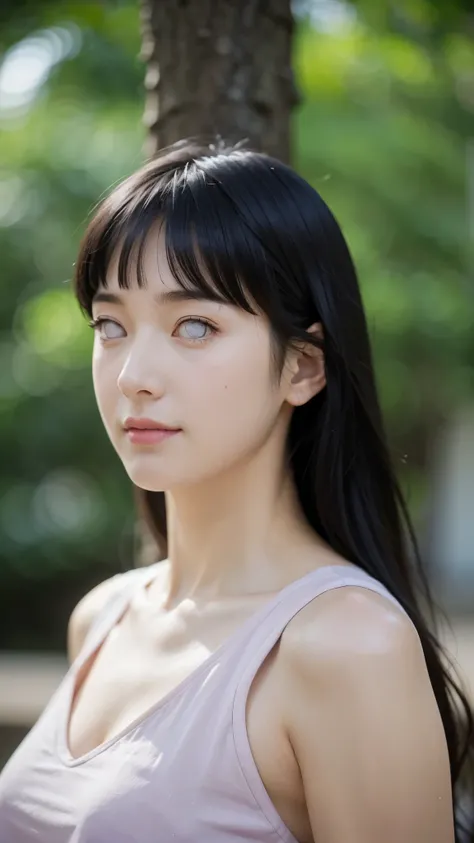 "Create a hyper-realistic portrait of a beautiful young woman inspired by Hyuga Hinata from Naruto Shippuden, reimagined as if she exists in the real world. She has fair, flawless skin, long dark indigo hair with soft waves, and distinctive pale lavender e...