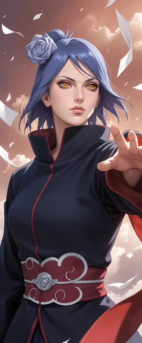A stunning, ultra-HD 8K anime-style portrait of Konan from the Naruto series, standing with a calm and determined expression. She is wearing her signature Akatsuki cloak, adorned with red clouds, flowing dramatically in the wind. Her vibrant blue hair is s...