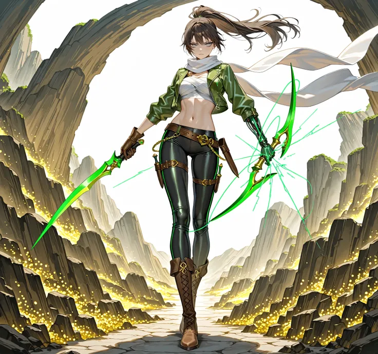 masterpiece best quality amazing quality realistic hyper-detailed anime screencap. 8k(HD, sharp, fractals) [Detailed eyes],[[Gray eyes]],[[16k ultra-detailed eyes]]. Full body portrait of a tall and beautiful female fantasy archer with a serious, confident...