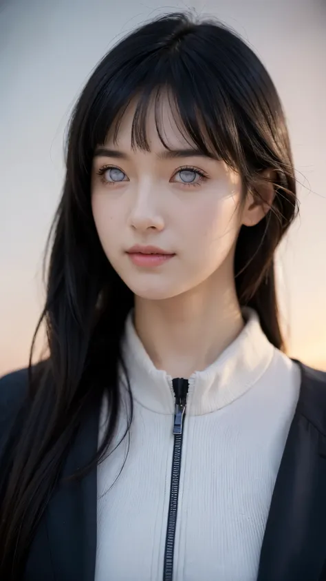 "Create a hyper-realistic portrait of a beautiful young woman inspired by Hyuga Hinata from Naruto Shippuden, reimagined as if she exists in the real world. She has fair, flawless skin, long dark indigo hair with soft waves, and distinctive pale lavender e...