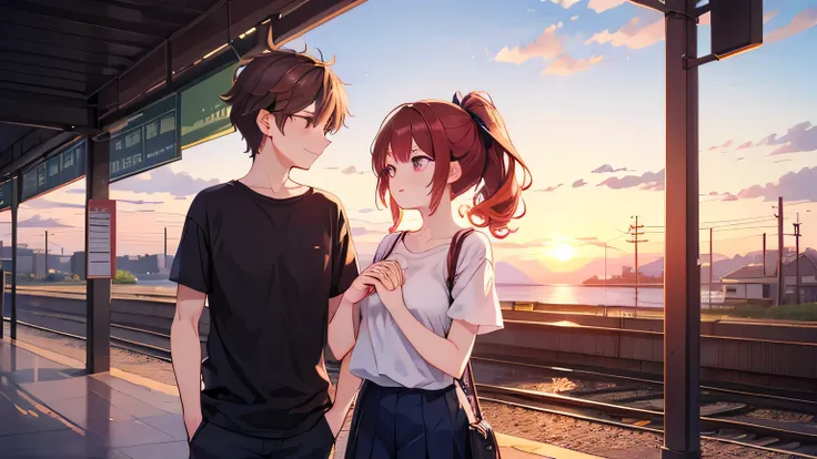 Man and woman standing on a quiet station platform at sunset、The girl has red hair、ponytail、Purple eyes、big breasts、beautiful、 lori、 Gently put your hands together in front of your chest( to pray for a green dream )、has a slightly shy expression。 The man h...