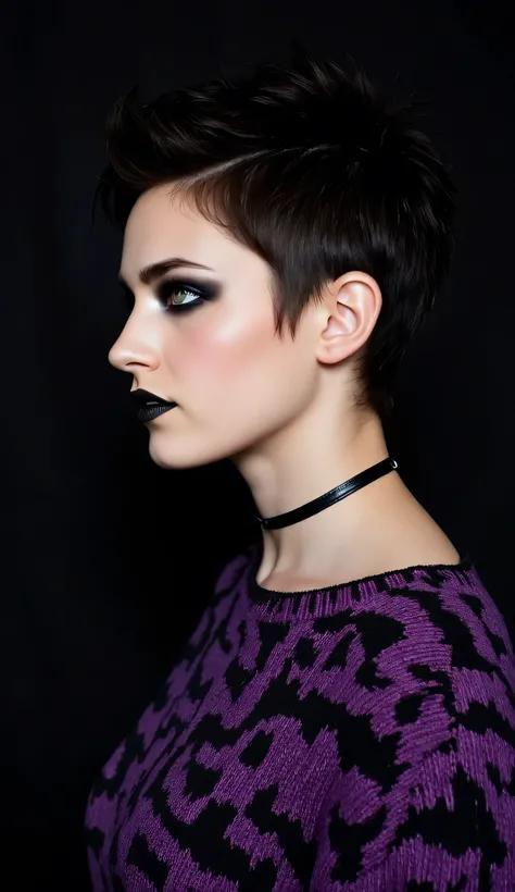 ((realism, photorealistic, life-like photograph)), beautiful French 18year supermodel, short undercut spiky black hair with darkindigo highlights, blackout eyeshadow, black lips, blue eyes, purple black pattern sweater, ((((portrait, closeup face, she has ...