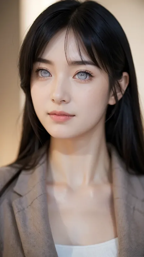 "Create a hyper-realistic portrait of a beautiful young woman inspired by Hyuga Hinata from Naruto Shippuden, reimagined as if she exists in the real world. She has fair, flawless skin, long dark indigo hair with soft waves, and distinctive pale lavender e...