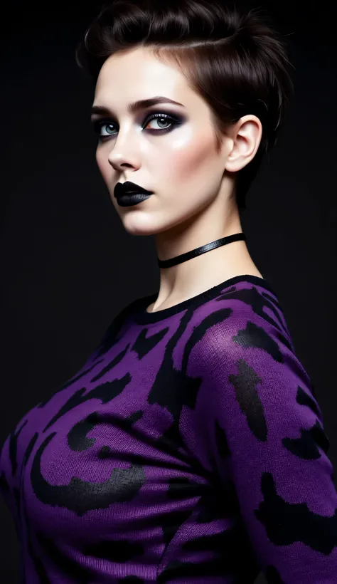 ((realism, photorealistic, life-like photograph)), beautiful French 18year supermodel, short undercut spiky black hair with darkindigo highlights, blackout eyeshadow, black lips, blue eyes, purple black pattern sweater, ((((portrait, closeup face, she has ...