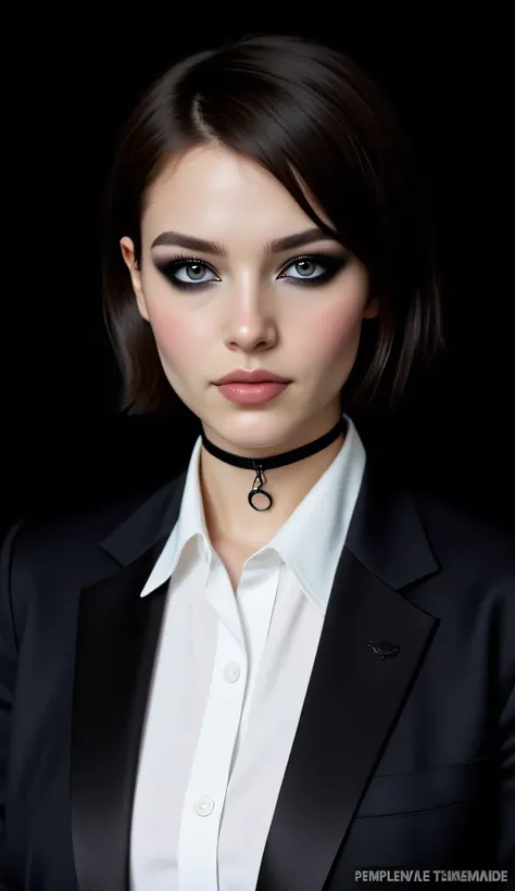 ((realism, photorealistic, life-like photograph)), beautiful French 18year supermodel, short undercut spiky black hair with darkindigo highlights, blackout eyeshadow, black lips, blue eyes, white silk shirt under a black suit jacket, ((((portrait, closeup ...
