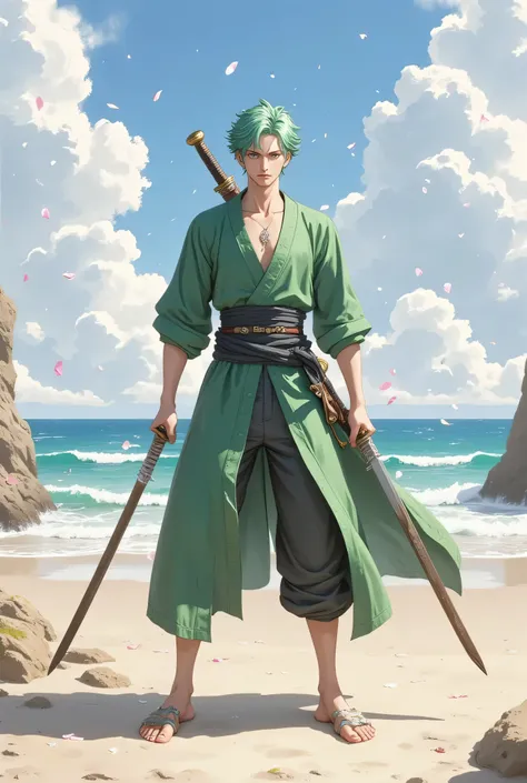 Roronoa Zoro from One Piece, realistic anime style, green hair, green kimono with black sash, three swords, standing on a sunny beach with waves and rocks in the background, petals floating in the air, cinematic lighting, detailed face, calm expression, sh...