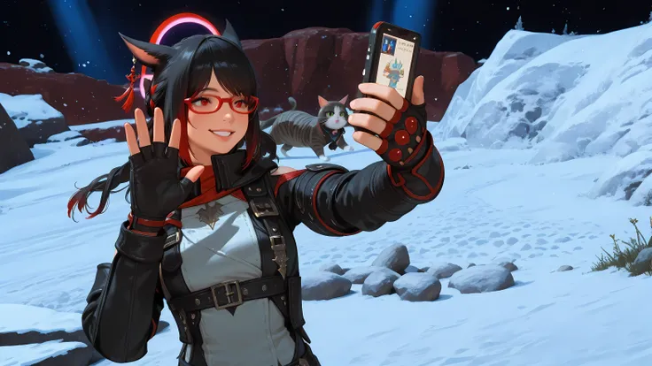 there is a woman in a black outfit and red glasses waving, a girl with a cat ear, final fantasy 14 style, style of final + fantasy + 14, final fantasy 14 screenshot, style game square enix, black red - haired Miqo'te, mmorpgs scene, beautiful screenshot, w...