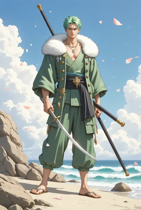 Roronoa Zoro from One Piece, realistic anime style, green hair, green kimono with black sash, three swords, standing on a sunny beach with waves and rocks in the background, petals floating in the air, cinematic lighting, detailed face, calm expression, sh...