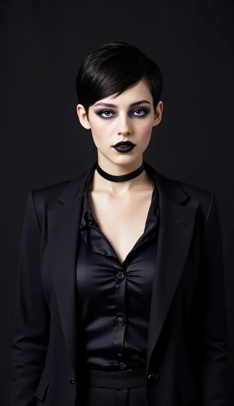 ((realism, photorealistic, life-like photograph)), beautiful French 18year supermodel, short undercut spiky black hair with darkindigo highlights, blackout eyeshadow, black lips, blue eyes, indigo silk shirt under a black suit jacket, ((((portrait, closeup...