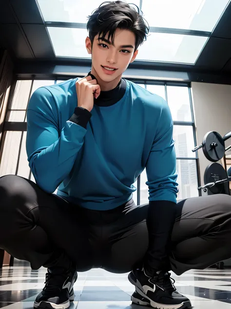 Japanese male handsome very short black hair tight long sleeves Light Colored Tight Long Pants I can see the blue sky large room with glass floors and ceilings private gym Composition with a very big face From the shoulders up and look at the camer...