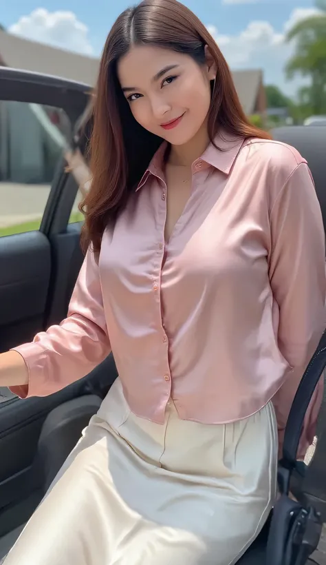 an office lady, sitting on top of car, use an unbuttoned pink satin formal shirt, using maxi model skirt in white satin material long from waist to toe, round and large breasts , very slim waist , smile very beautiful