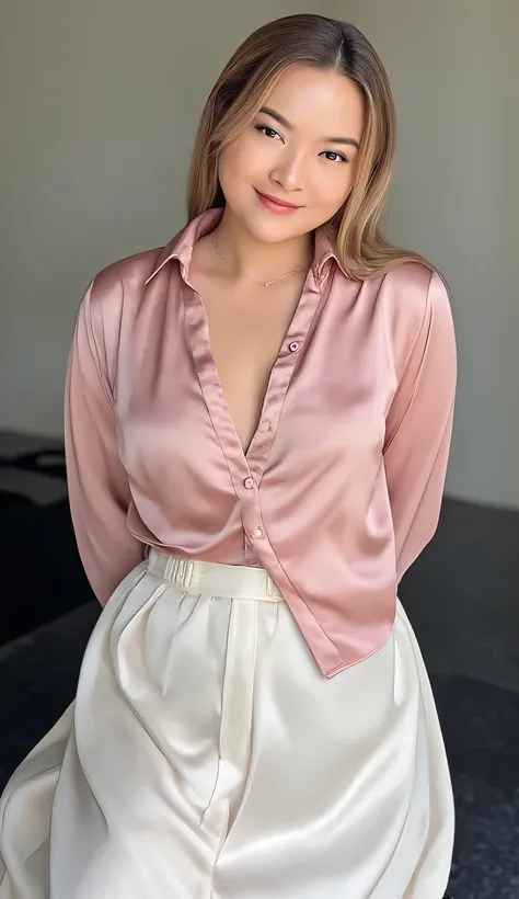 an office lady, sitting on top of car, use an unbuttoned pink satin formal shirt, using maxi model skirt in white satin material long from waist to toe, round and large breasts , very slim waist , smile very beautiful