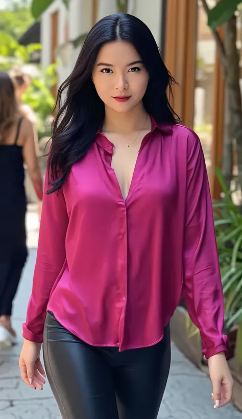 a woman, walking in the middle of town, facing the camera, use pink satin material casual shirt, use black color leggings, huge breasts, red lips, black hair up to the shoulders, sexy body shape