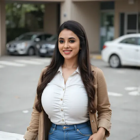 Woman walking confidently with her jeans and shirt gently swaying in the breeze, medium camera following closely from a side angle, photorealistic style with soft natural lighting.