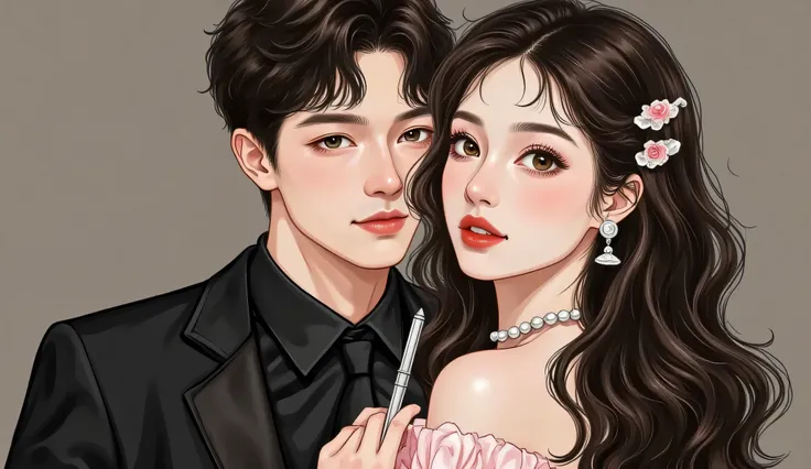 A close-up of a stunning couple in a modern luxurious setting: a handsome CEO man with sharp features, black suit, cold yet intense gaze, and a beautiful fair-skinned woman with long wavy black hair, red lips, seductive eyes with Douyin-style makeup, weari...