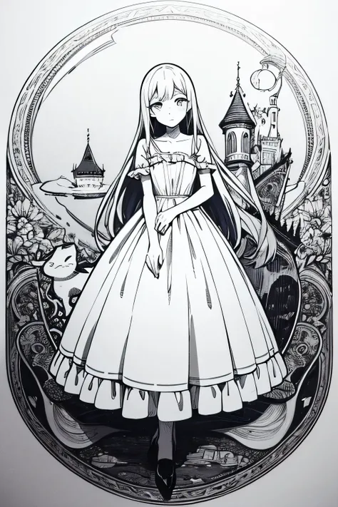 Deformed anime-style girl、in an Alice in Wonderland style dress、Monochrome line drawing、no background、Delicate Expression、Dreamy Atmosphere、high resolution、Ultra Fine Textures、Professional illustration、precise technique、Delicate shadows、Fantastic colors、Fu...