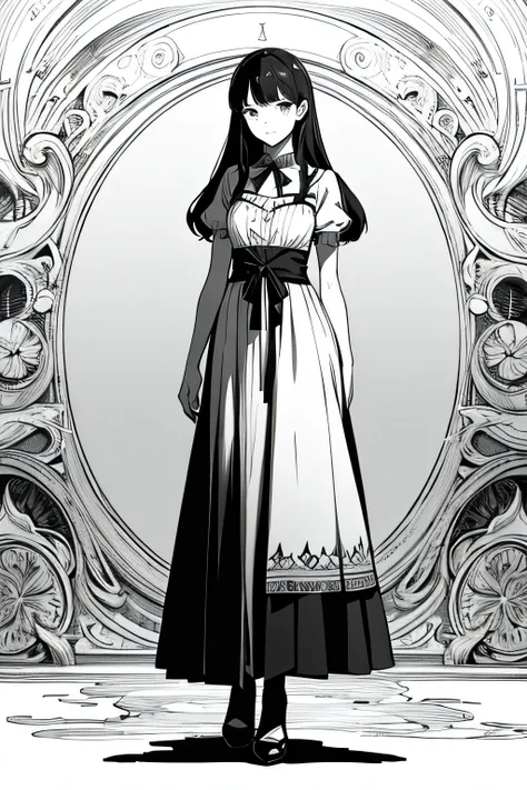 Deformed anime-style girl、in an Alice in Wonderland style dress、Monochrome line drawing、no background、Delicate Expression、Dreamy Atmosphere、high resolution、Ultra Fine Textures、Professional illustration、precise technique、Delicate shadows、Fantastic colors、Fu...