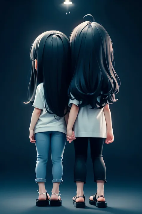 girl with long black hair on the left side holding a long light bulb、black t-shirt、Light blue jeans、black sandals、long haired girl with dark hair on the right side holding a long light bulb、white hoodie、black pants、 white sandals、長い電球を持っている、The back of two...