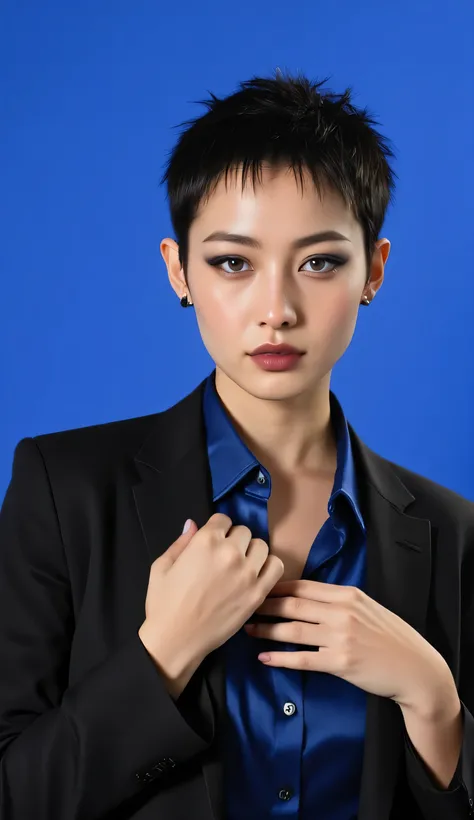 ((realism, photorealistic, life-like photograph)), beautiful French 18year supermodel, short undercut spiky black hair with darkindigo highlights, blackout eyeshadow, black lips, blue eyes, indigo silk shirt under a black suit jacket, onyx earrings, ((((po...