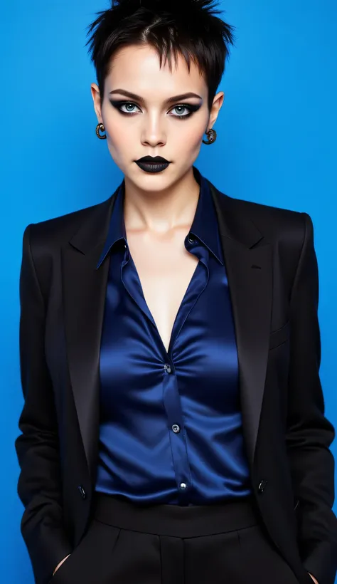 ((realism, photorealistic, life-like photograph)), beautiful French 18year supermodel, short undercut spiky black hair with darkindigo highlights, blackout eyeshadow, black lips, blue eyes, indigo silk shirt under a black suit jacket, onyx earrings, ((((po...