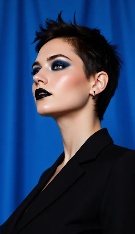 ((realism, photorealistic, life-like photograph)), beautiful French 18year supermodel, short undercut spiky black hair with darkindigo highlights, blackout eyeshadow, black lips, blue eyes, indigo silk shirt under a black suit jacket, onyx earrings, ((((po...