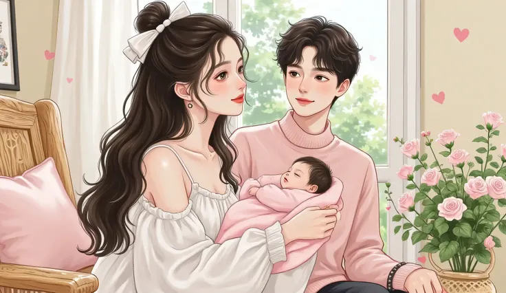 A beautiful fair-skinned woman gently holding a newborn baby girl in her arms, sitting by a window with soft morning light. She has long black hair tied loosely, wearing a white flowy dress, Douyin-style natural makeup with soft lips and glowing skin. The ...