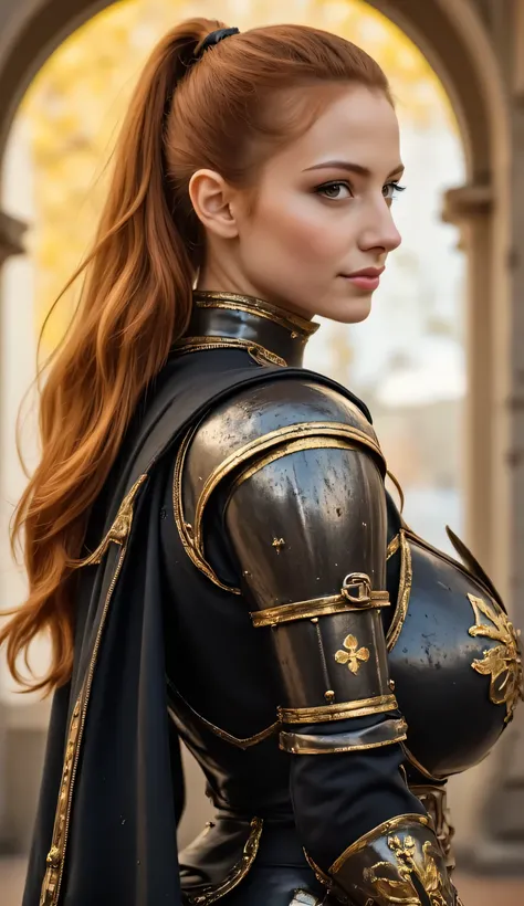 ((realism, photorealistic, life-like photograph)), very long bright ginger hair top ponytail updo , slight blonde highlights , dark suntan , modest Russian female supermodel , ((((Medieval dented and damaged matte black heavy black chrome plated Armor)))) ...
