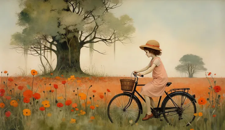 whimsical art style, surreal fantasy, A girl rides a bicycle; she is wearing a summer dress, and a sun hat. In the background, there is a field of poppies, and the poppies are enormous, disproportionate, the size of trees. color palette Rusty Red, Antique...