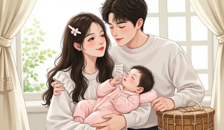 A beautiful fair-skinned woman gently holding a newborn baby girl in her arms, sitting by a window with soft morning light. She has long black hair tied loosely, wearing a white flowy dress, Douyin-style natural makeup with soft lips and glowing skin. The ...