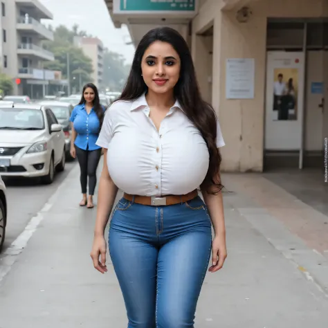 woman having heavy chest, tight thighs, full legs visible, jeans pant, shirt, huge thighs, walking on the road