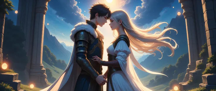 A romantic fantasy anime-style scene featuring a young man and woman standing close together under a moonlit sky, dressed in medieval-inspired clothing. The woman has long silver or golden hair, the man dark, tousled hair. They are surrounded by ancient ru...