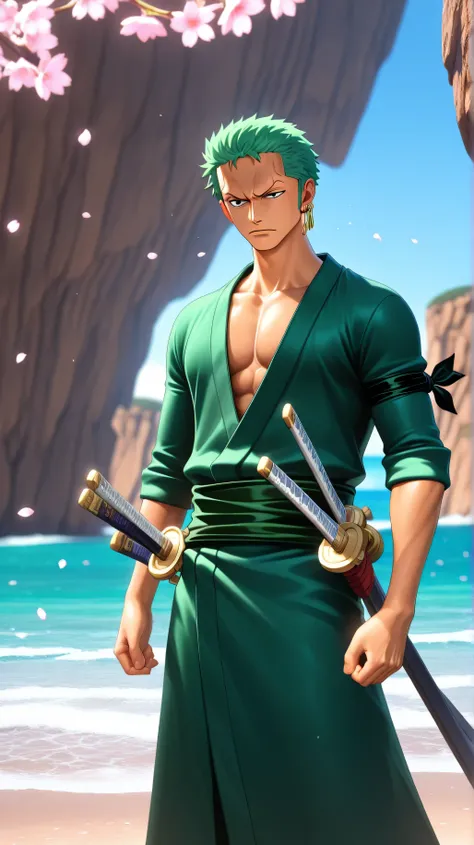 A hyper-realistic 3D anime-style portrait of Roronoa Zoro from One Piece, standing on a beach with ocean waves and rocky cliffs in the background, wearing a detailed green kimono with a black sash, three katana swords by his side, sharp green spiky hair, t...