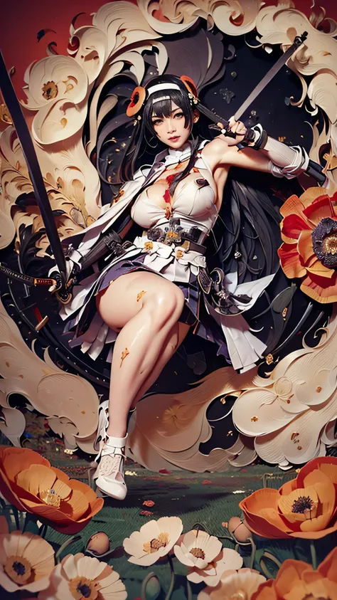 masterpiece,pictures,Highest Quality,8k,best quality,ultra-detailed,super detailed skin,perfect anatomy,detailed,official art,young woman,1girl,warrior,( wielding a Japanese yari spear with great force:1.6),(eyes:1.8),(from front),(battle pose),(Swinging a...
