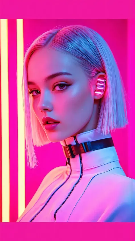 A blond woman in a white jacket and pink neon lights, meo girl,bright cyberpunk light, Futuristic neon lights, cyberpunk styles,  cyberpunk and neon lights , 霓虹cyberpunk style, cyberpunk style, cyberpunk style, 低调的cyberpunk style, Neon Cyberpunk Highlights...