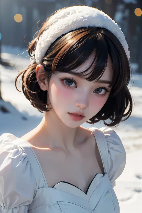 (( Better quality,4K,8k,high resolution,work of until:1.2),ultra-detailed, craziness, magic, black magic, 1 girl, (Very beautiful fantasy background), snow white outfit, snow white of Disney, snow white haircut,