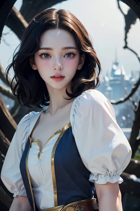 (( Better quality,4K,8k,high resolution,work of until:1.2),ultra-detailed, craziness, magic, black magic, 1 girl, (Very beautiful fantasy background), snow white outfit, snow white of Disney, snow white haircut,