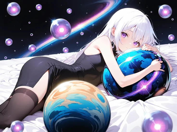 1 girl only, young girl , of white hair, purple eyes, (with long black stockings, sleeveless black fitted dress) sexy pose, lying on a white bed, (surrounded by purple bubbles with galaxies inside) Floating around her