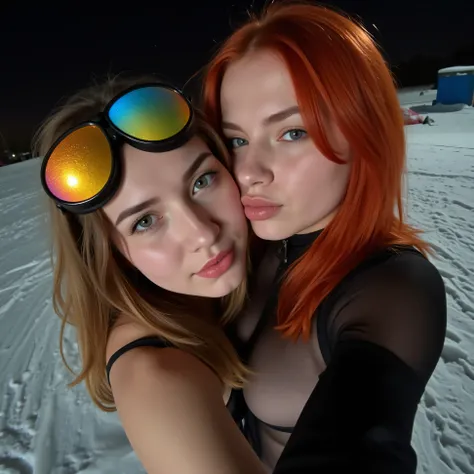 Sexy young woman, red long hair, green eyes, Athletic figure, erotic transparent suit, футуристичные стимпанковские glasses, (Frostpunk), winter, posing for a kiss , nighttime , The camera angle should be a selfie, winter frostpunk, glasses
