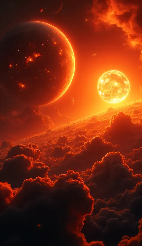 A cinematic digital art background of deep space showing ten ultra-hot exoplanets glowing with intense heat, in vivid shades of red, orange, and molten yellow. Each planet is unique, some with metal clouds, some partially evaporating or forming tails. One ...