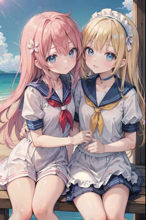 Gently stare, by krenz Cassiato , Asuka, is sitting, Asuka, anime styleイラスト, official art, High Quality Animated Art, high resolution, anime style, (short sleeve summer sailor suit:1.5),
Playful yet elegant maid mini dress in deep pink and white,
Black...