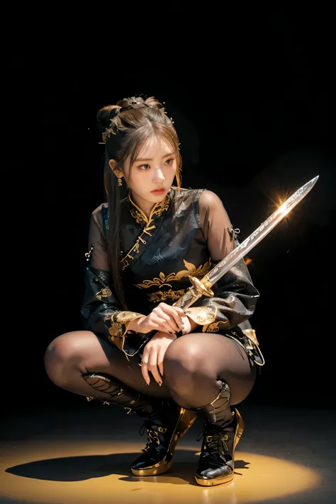 Smoky makeup:2,Black eyeshadow:2,Black lips:2,anatomical correct:2,solo,word
xuer ai yazawa style girl,1 Girl,Solitary,Black Hair,Hair Bun,Chinese clothes,Keep,Keep weapon,twice as good,Bangs,blunt Bangs,One knee,looking at the audience,Jewelry,earrings,bl...