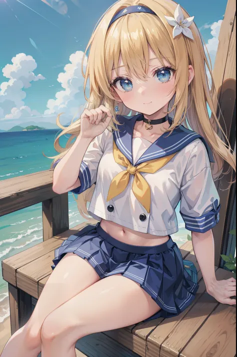 Gently stare, by krenz Cassiato , Asuka, is sitting, Asuka, anime styleイラスト, official art, High Quality Animated Art, high resolution, anime style, (short sleeve summer sailor suit:1.5),
(Mini Skirt:1.4),
Black ribbon choker with sakura charm,
blendin...