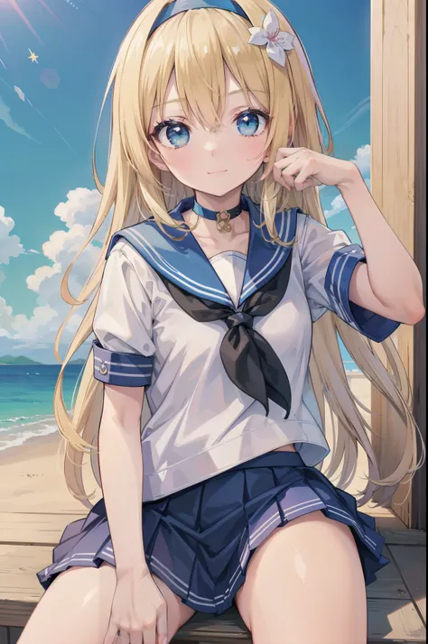 Gently stare, by krenz Cassiato , Asuka, is sitting, Asuka, anime styleイラスト, official art, High Quality Animated Art, high resolution, anime style, (short sleeve summer sailor suit:1.5),
(Mini Skirt:1.4),
Black ribbon choker with sakura charm,
blendin...
