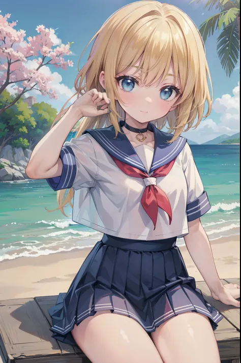 Gently stare, by krenz Cassiato , Asuka, is sitting, Asuka, anime styleイラスト, official art, High Quality Animated Art, high resolution, anime style, (short sleeve summer sailor suit:1.5),
(Mini Skirt:1.4),
Black ribbon choker with sakura charm,
blendin...