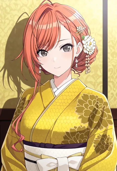 (masterpiece),(best quality),(ultra-detailed),(best illustration),(best shadow),(absurdres),(detailed background),(very aesthetic),arisugawa natsuha, solo, orange hair, ahoge, swept bangs, black eyes,anime screencap,Upper body of a stylish male actor dress...