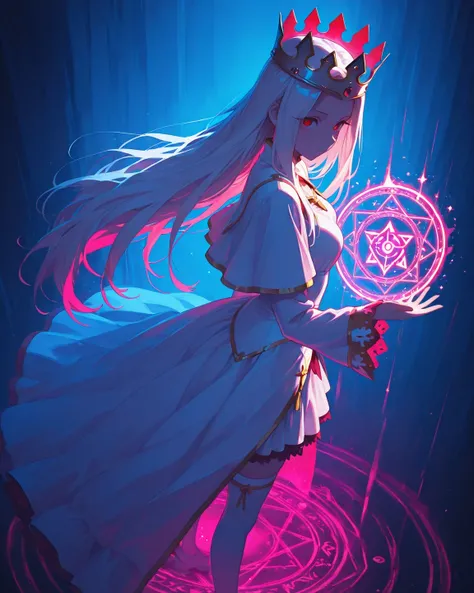 1girl, capelet, crown, dress, irisviel von einzbern, long hair, long sleeves, looking at viewer, from side, red eyes, sleeves past wrists,  solo, thighhighs, white dress, white hair, white thighhighs, LeIsT0_illu, blue theme, pink theme, high contrast, col...