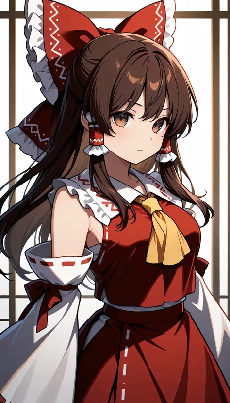 
Final Fantasy Logo, touhou 6,hakurei reimu, 1girl, solo, brown eyes, brown hair, long hair, sidelocks, medium breasts,
hair bow, hair tubes, frilled bow, yellow ascot, red shirt, ribbon-trimmed detached wide sleeves, red skirt,