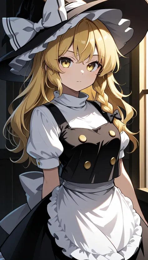 
Final Fantasy Logo, touhou 6,kirisame marisa, 1girl, solo, blonde hair, yellow eyes, single braid,
witch hat, hair bow, black bow, white ribbon, black skirt, black shirt, short sleeves, waist apron, white sleeves, medium breast,