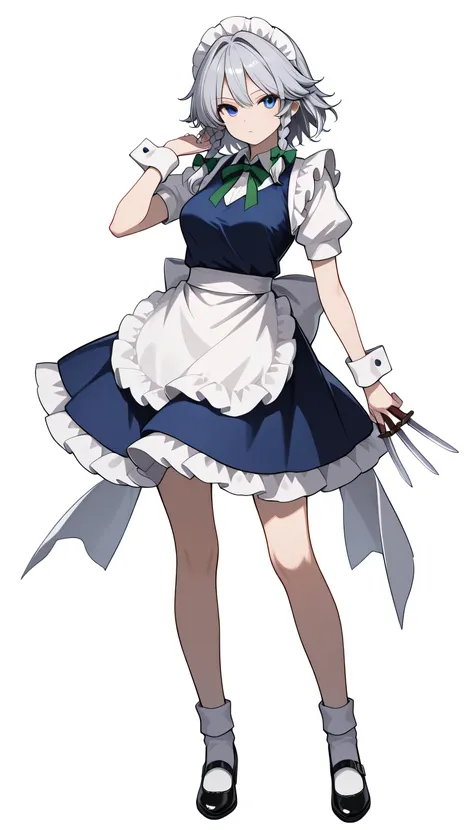 final fantasy logo, Touhou 6,izayoi sakuya, a full body girl, Alone , gray hair, blue eyes, short hair, side  braids, twin  braids,  braid, medium breasts,
hair bow, green bow, maid&#39;s headdress,  wrist cuffs , waist apron, white apron,  arc backwards, ...