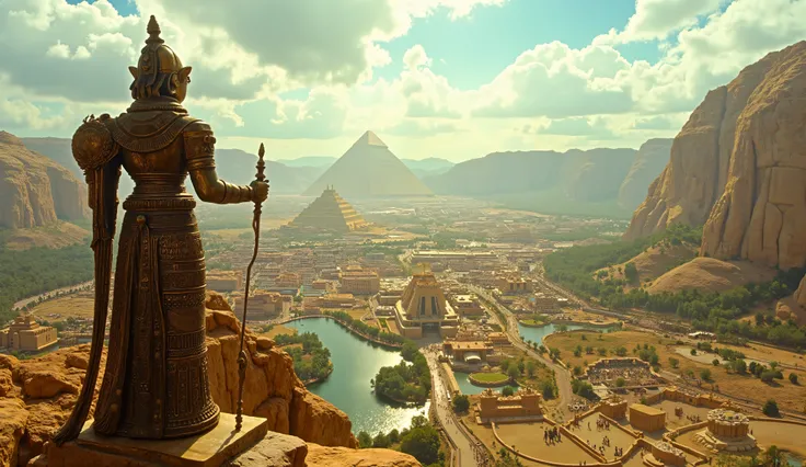 1950d, ancient, fantastical cityscape should viewed from a high vantage point. In the foreground, a large, intricately detailed statue of a humanoid figure, possibly a deity, is visible, holding a staff. The statue is made of a bronze-like material with or...